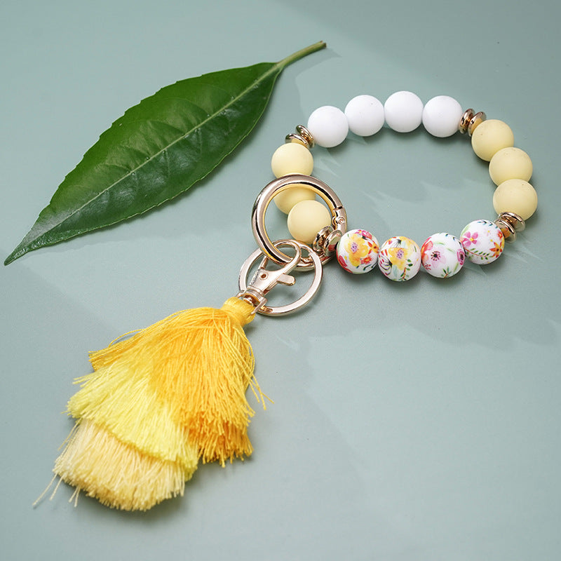 Wholesale Colorful Silicone Beads Three Layers Tassel Beaded Wrist Keychain
